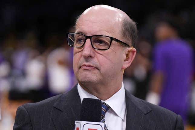 May 20, 2023; Los Angeles, California, USA; ESPN commentator Jeff Van Gundy during game three of the Western Conference Finals for the 2023 NBA playoffs between the Los Angeles Lakers and the Denver Nuggets at Crypto.com Arena.