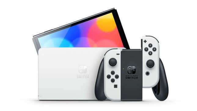 A picture of white OLED version of the Nintendo Switch.