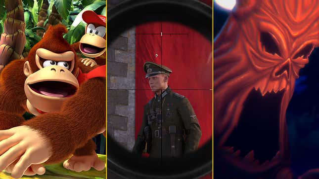 A composite image shows Donkey Kong, a Nazi soldier in a sniper's crosshairs, and a screaming tree.