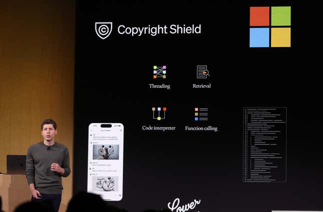 Sam Altman speaking in front of a screen showing Microsoft's Copyright Shield