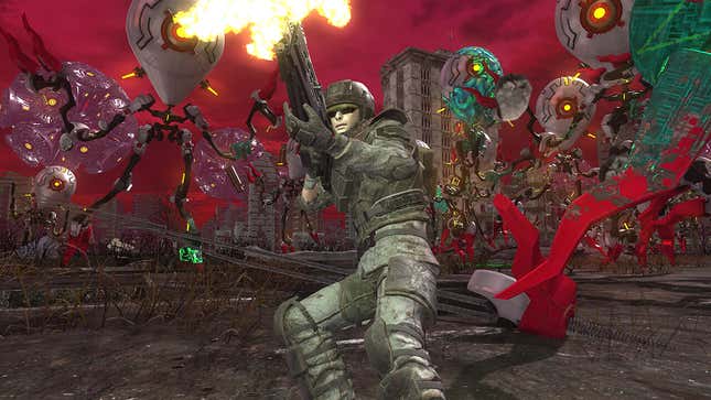 An image shows a soldier surrounded by weird aliens in EDF 6. 