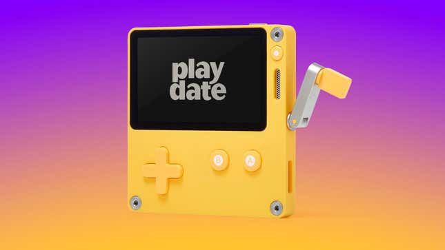 A PlayDate handheld appears in front of a orange background. 
