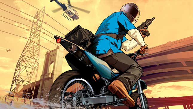 A GTA V character rides away on a motorcycle.