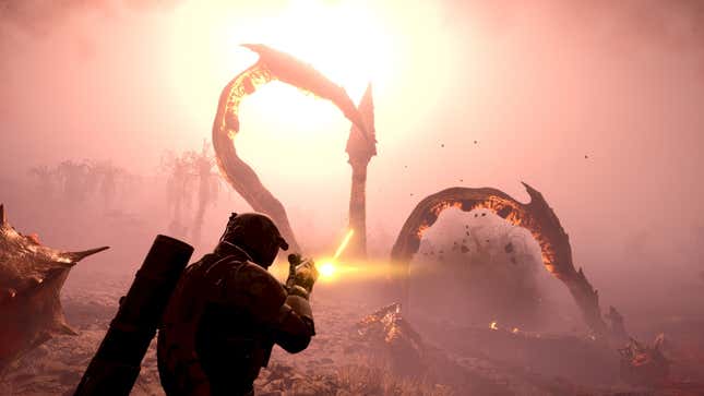 A screenshot of a Helldivers 2 player fighting off an Impaler's tentacles.