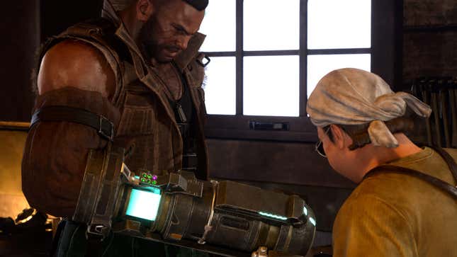 Barret talks to someone interested in his gun arm.