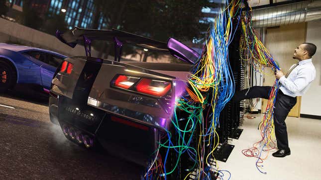 An image shows a man pulling network cables out of a car from Test Drive. 