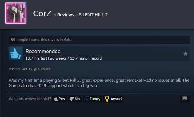 Image for article titled Silent Hill 2 Remake, As Told By Steam Reviews