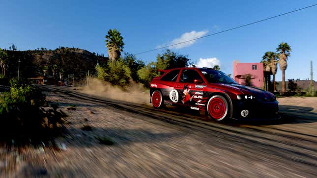 A car from Forza Horizon 5 racing down a dirt track.