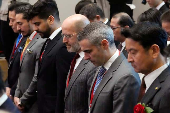 Guests observe a minutes of silence for the victims for those killed in Ishikawa Prefecture and other western coastal areas earlier this week by strong earthquake, during a ceremony marking the start of this year&#39;s trading at the Tokyo Stock Exchange Thursday, Jan. 4, 2024, in Tokyo. Asian stocks plunged Thursday, echoing the pessimism on Wall Street as the Tokyo exchange marked the first day of trading for the year with a broad slide. (AP Photo/Eugene Hoshiko)