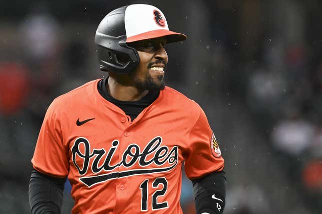 Mar 30, 2024; Baltimore, Maryland, USA;  Baltimore Orioles second baseman Tony Kemp (12)  runs to the dug out after a eighth inning at-bat against the Los Angeles Angels  at Oriole Park at Camden Yards.