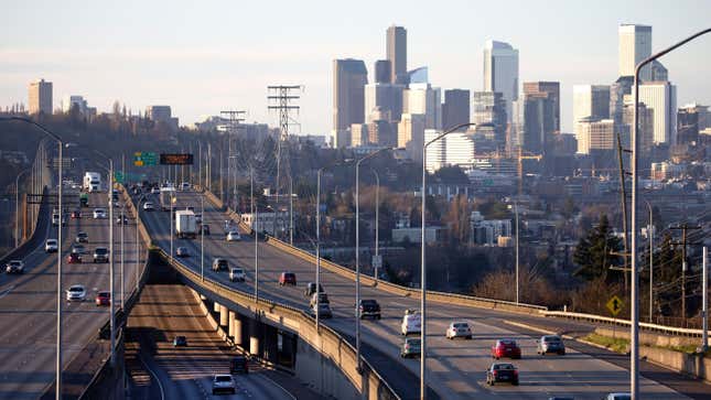  Rush hour traffic is light during the morning commute heading in and out of Seattle on Interstate 5 on March 15, 2020 in Seattle, Washington.