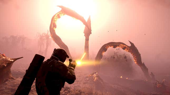 A screenshot of a Helldivers 2 player firing at an Impaler’s tentacles.