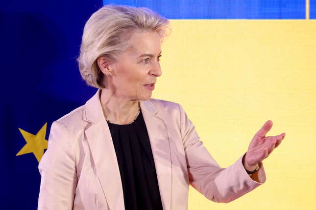 European Commission President Ursula von der Leyen gestures prior to the meeting with the President of the Council of Ministers of Bosnia and Herzegovina Borjana Kristo in Sarajevo, Bosnia, Wednesday, Nov. 1, 2023. (AP Photo/Armin Durgut)