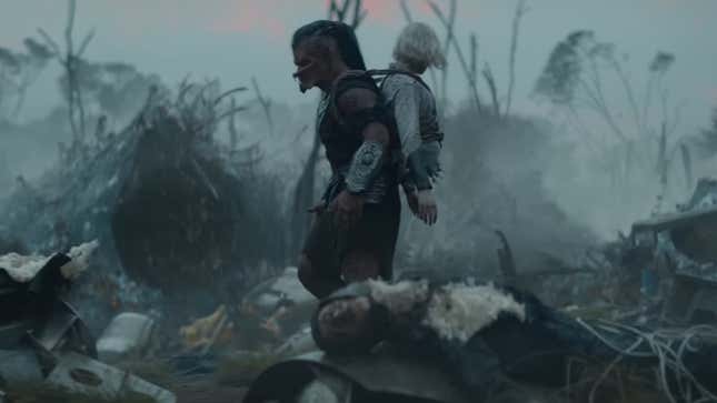 Dek and Thia walk through some wreckage.