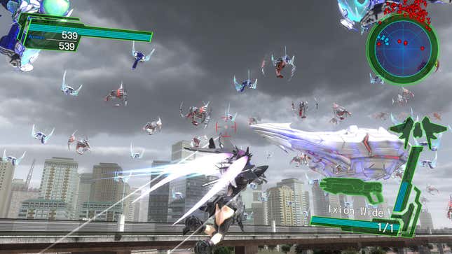 Un personnage en combinaison volante vole dans les airs tout en combattant des dizaines de drones.