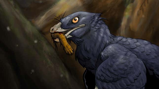 A paleoart illustration of Microraptor eating a mammal's foot.