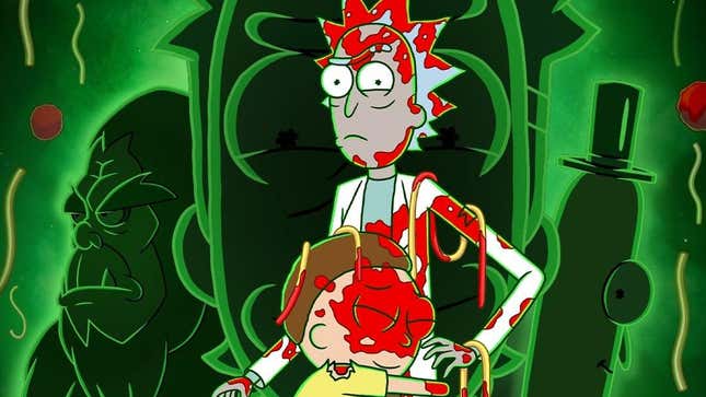 Rick and Morty, covered in blood, in season 7 key art