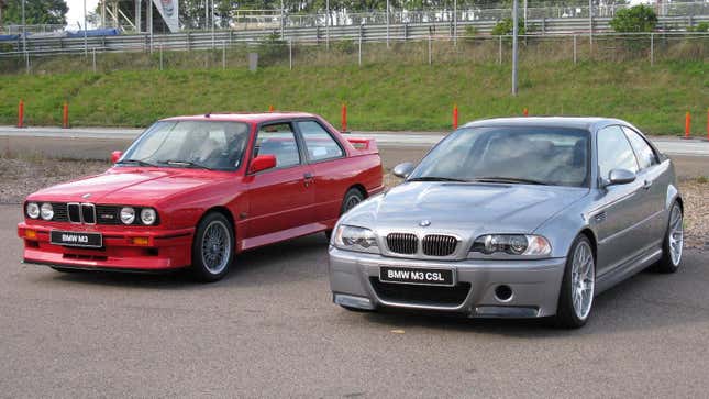 A BMW M3 CSL (E46) alongside of a BMW M3 (E30)