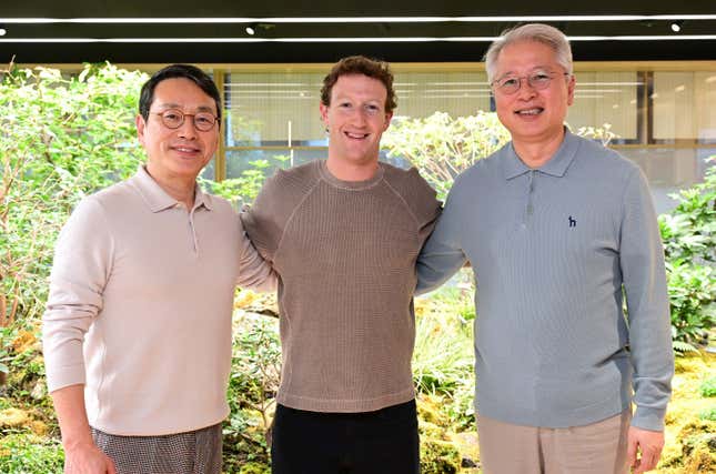 In this photo provided by LG Electronics, its CEO William Cho, from left, Meta CEO Mark Zuckerberg and LG COO Kwon Bong-seok pose for a photo after their meeting at LG Twin Towers headquarters in Seoul, South Korea, Wednesday, Feb. 28, 2024. Zuckerberg discussed cooperation on extended reality (XR) devices with LG Electronics executives on Wednesday, as he visited South Korea for the first time in about 10 years. (LG Electronics via AP)