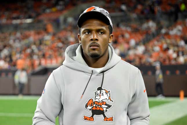 Cleveland Browns quarterback Deshaun Watson walks on the field during an NFL preseason football game against the Chicago Bears, Saturday, Aug. 27, 2022, in Cleveland. Watson is expected to return to the Cleveland Browns’ facility on Monday, Oct. 10, 2022, as the polarizing quarterback continues serving his 11-game NFL suspension for alleged sexual misconduct. (AP Photo/David Richard, File)