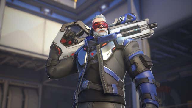 Soldier: 76 holds his rifle over his shoulder.
