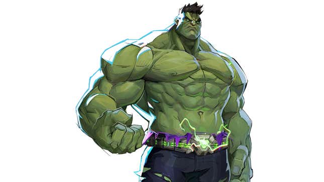 The Hulk stands with his right fist clenched as a green energy emits from his belt.