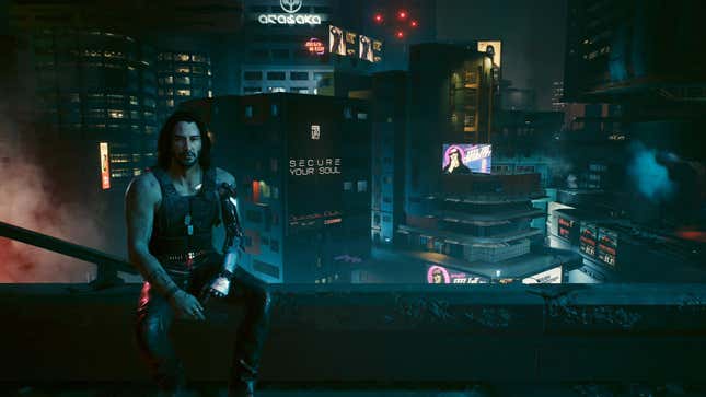 Johnny Silverhand is seen sitting on a rooftop overlooking Night City.