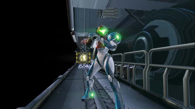 Samus stands in a hallway as an EMMI approaches in Metroid Dread but in 3D.