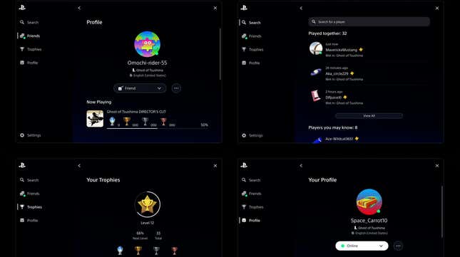 Four playstation profile overlays in a grid, with options for friends, trophies, and profile