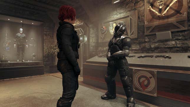 The protagonist of Starfield chats with a person in a space suit.