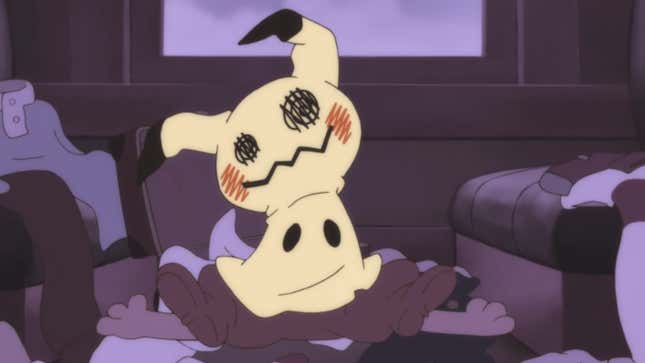 Mimikyu is shown in a dirty bedroom on top of Scraggy. 