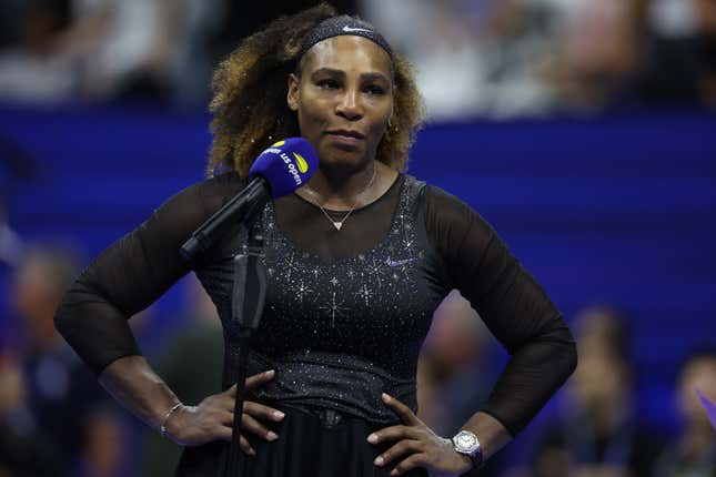 Serena Williams of the United States is interviewed after her match against Danka Kovinic of Montenegro during the Women’s Singles First Round on Day One of the 2022 US Open at USTA Billie Jean King National Tennis Center on August 29, 2022 in the Flushing neighborhood of the Queens borough of New York City. (Photo by Al Bello/Getty Images)