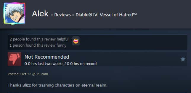 Image for article titled Diablo 4: Vessel Of Hatred, As Told By Steam Reviews