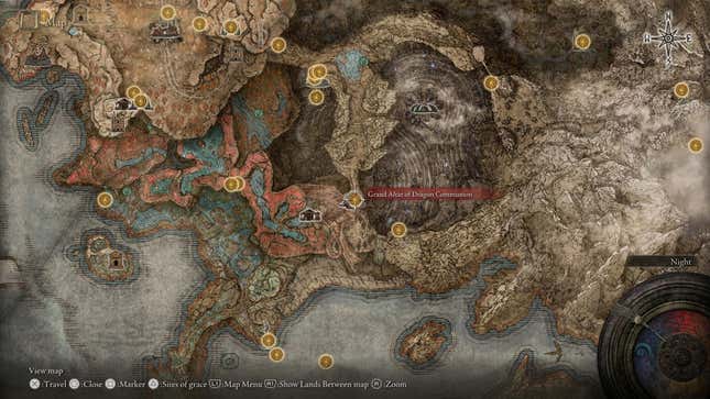 Uma captura de tela do mapa do DLC de Elden Ring mostra um local específico.