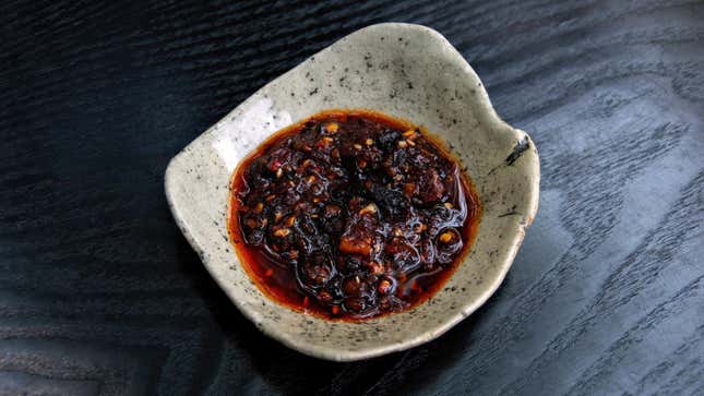 macha crunch (salsa macha) in bowl on tabletop