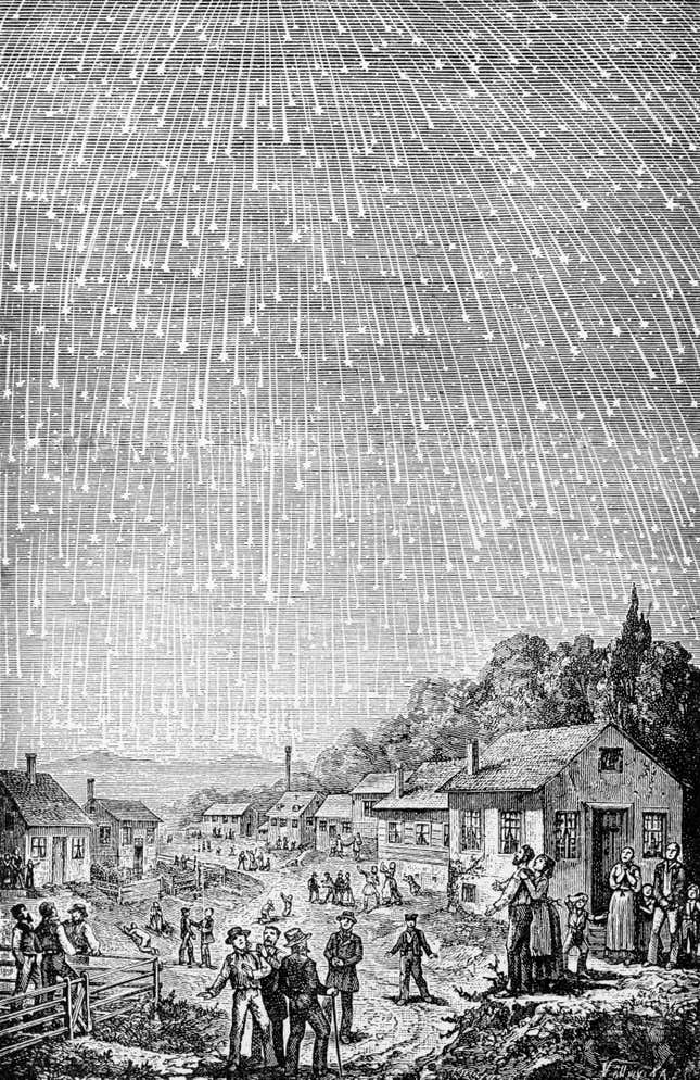 رسم توضيحي لعاصفة نيزك ليونيد عام 1833.