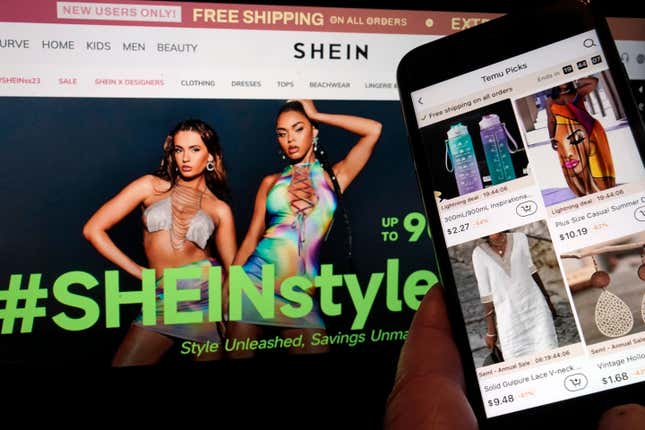 FILE - Pages from the Shein website, left, and from the Temu site, right, are shown in this photo, in New York, Friday, June 23, 2023. Temu is suing rival Shein again. In a complaint filed Wednesday, Dec. 14, at a federal court in Washington D.C., Whaleco Inc., which operates as Temu in the U.S., alleged Shein is pushing dubious copyright infringement notices against the company and using “mafia-style intimidation” of suppliers to limit its growth in the U.S. (AP Photo/Richard Drew, File)