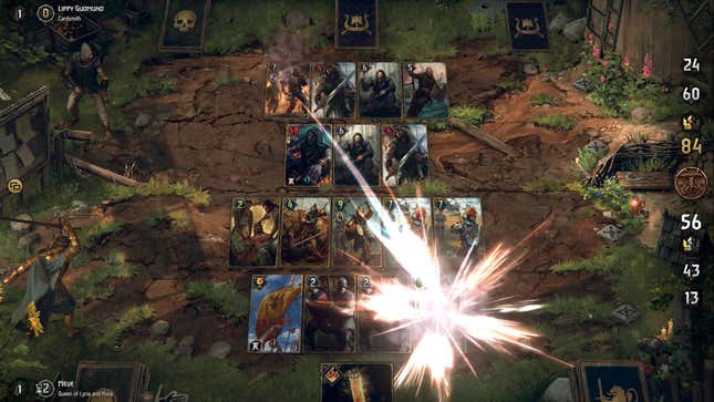 A top down view of a card game shows animated representations of an attack with an explosive effect.