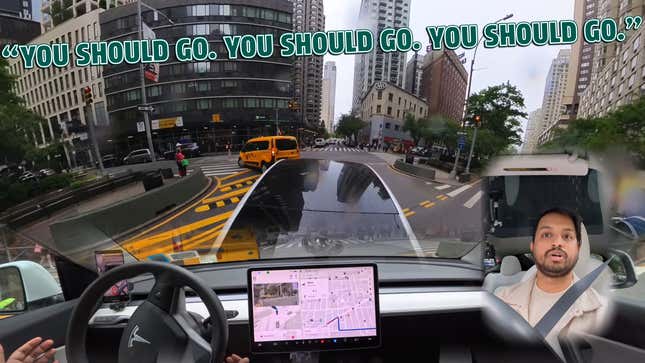 A person sits behind the wheel of an FSD Tesla, attempting to navigate Manhattan