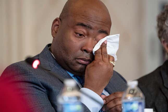 Democratic National Committee chair Jaime Harrison cries while listening to committee member Donna Brazile talk about the importance of proposed changes to the primary system during a DNC Rules and Bylaws Committee meeting to discuss President Joe Biden’s presidential primary lineup at the Omni Shoreham Hotel on Friday, Dec. 2, 2022, in Washington.