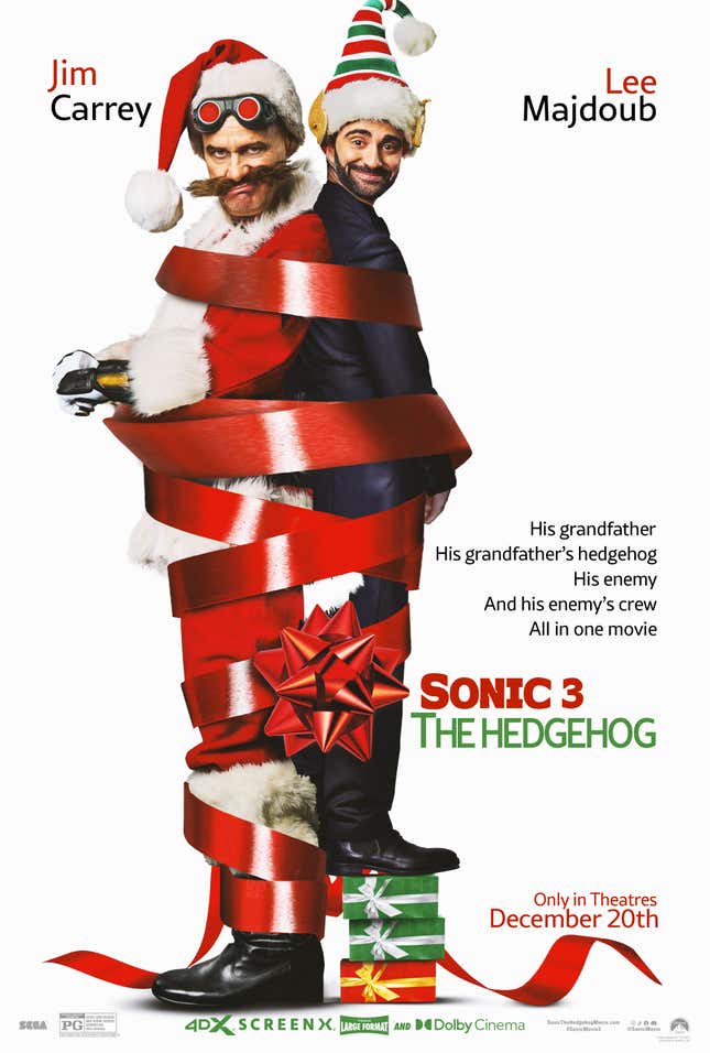 Un póster de Eggman y Stone unidos por un lazo de regalo de Navidad.