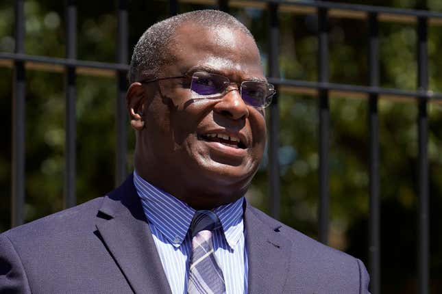 Michael Cox, who has been named as the next Boston police commissioner, faces reporters during a news conference, Wednesday, July 13, 2022, in Boston’s Roxbury neighborhood. Cox, who was beaten more than 25 years ago by colleagues who mistook him for a suspect in a fatal shooting, served in multiple roles with the Boston Police Department before becoming the police chief in Ann Arbor, Michigan, in 2019.