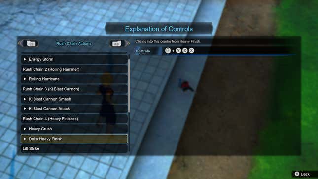 تسلط قائمة Super Vegito الخاصة بـ Rush Chain Actions الضوء على هجوم Delta Heavy Finish.