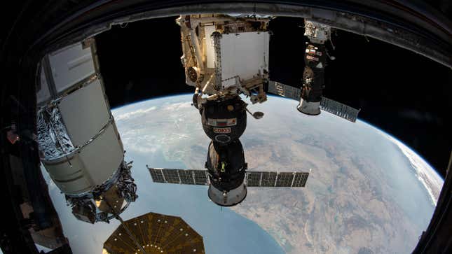 Three spaceships, one from the United States and two from Russia, are pictured attached to different ports on the International Space Station. From left are, the Northrop Grumman Cygnus space freighter installed to the Harmony module; the Soyuz MS-17 crew ship docked to the Rassvet module; and the Progress MS-16 cargo craft docked to the Pirs docking compartment.