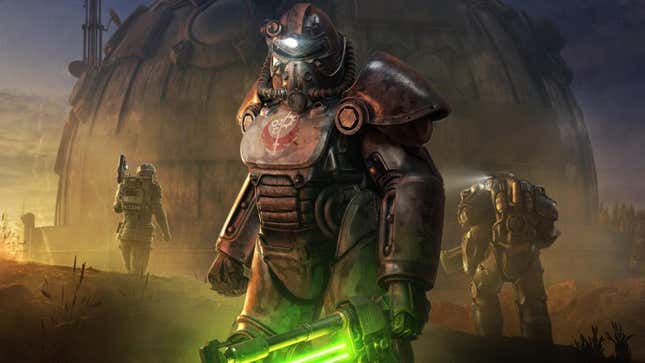 A person in power armor holds a green laser sword. 