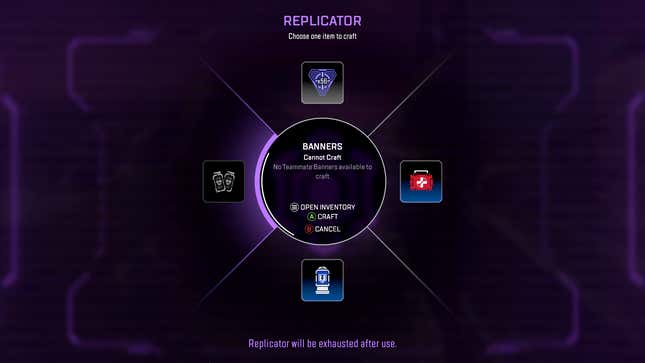 The new Replicator crafting screen shows your four options: player banners, ammo, shield battery, and med kit.
