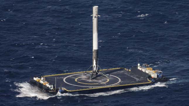 A Falcon 9 booster stage following its landing atop the SpaceX droneship Of Course I Still Love You. 