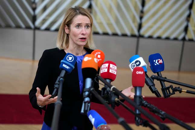 Estonia&#39;s Prime Minister Kaja Kallas speaks with the media as she arrives for an EU summit at the European Council building in Brussels, Thursday, Oct. 26, 2023. European Union leaders gather Thursday for a two day meeting to discuss, among other issues, Ukraine and the impact of the war between Israel and Hamas. (AP Photo/Virginia Mayo)