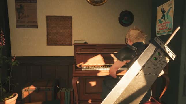 Cloud Strife zit aan de piano in Tifa's kamer.