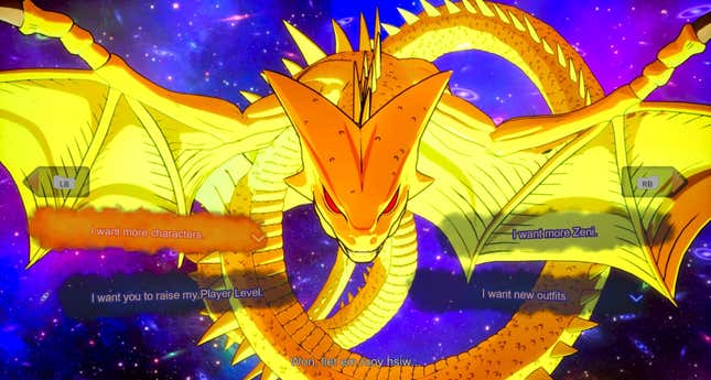 The gigantic yellow Super Shenron, with galaxies in the background, offers multiple choices for a wish.